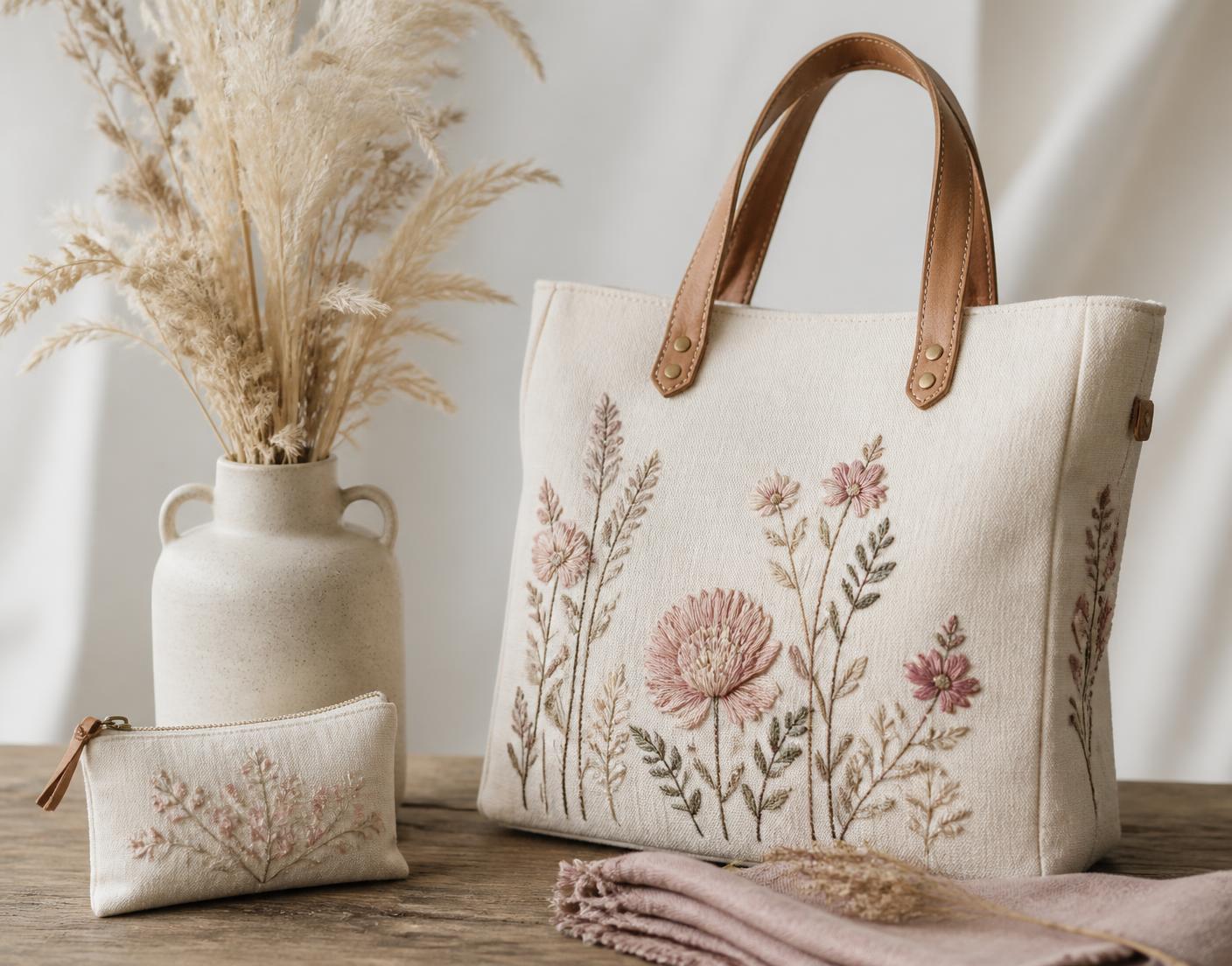 Sac en toile brodé main Shaghaf Handmade posé sur une table en bois